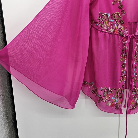 Boston Propper Pink Beaded Embroidered Sheer Flowy Cardigan Blouse Small - Picture 3 of 5